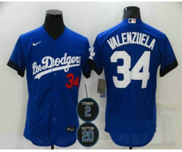 Men's Los Angeles Dodgers #34 Fernando Valenzuela Blue #2 #20 Patch City Connect Flex Base Stitched Jersey