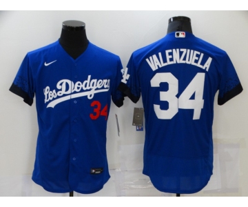 Men's Los Angeles Dodgers #34 Fernando Valenzuela Blue 2021 City Connect Flex Base Stitched Jersey