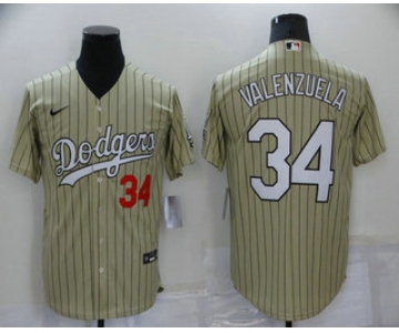 Men's Los Angeles Dodgers #34 Fernando Valenzuela Cream Pinstripe Stitched MLB Cool Base Nike Jersey