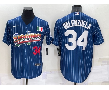 Mens Los Angeles Dodgers #34 Fernando Valenzuela Number Navy Blue Pinstripe 2020 World Series Cool Base Nike Jersey