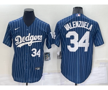Men's Los Angeles Dodgers #34 Fernando Valenzuela Number Navy Blue Pinstripe Stitched MLB Cool Base Nike Jersey