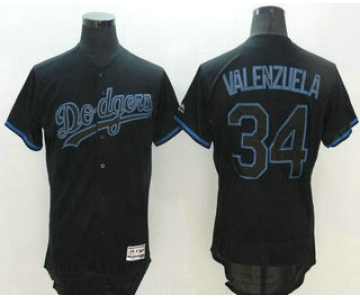 Men's Los Angeles Dodgers #34 Fernando Valenzuela Retired Lights Out Black Fashion Stitched MLB 2016 Majestic Flex Base Jersey