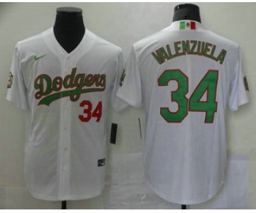 Men's Los Angeles Dodgers #34 Fernando Valenzuela White Green Mexico 2020 World Series Stitched MLB Jersey
