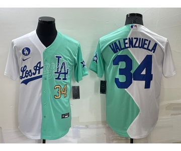 Mens Los Angeles Dodgers #34 Fernando Valenzuela White Green Number 2022 Celebrity Softball Game Cool Base Jersey