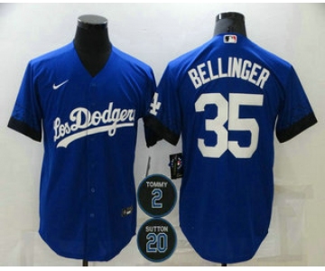 Men's Los Angeles Dodgers #35 Cody Bellinger Blue #2 #20 Patch City Connect Cool Base Stitched Jersey