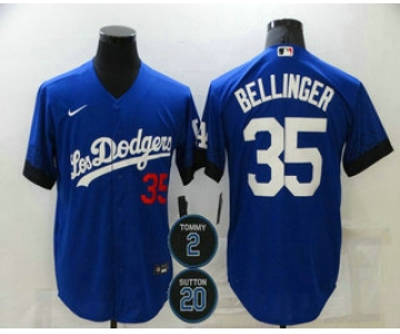 Men's Los Angeles Dodgers #35 Cody Bellinger Blue #2 #20 Patch City Connect Number Cool Base Stitched Jersey