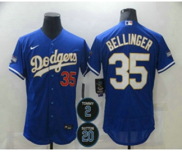 Men's Los Angeles Dodgers #35 Cody Bellinger Blue Gold #2 #20 Patch Stitched MLB Flex Base Nike Jersey