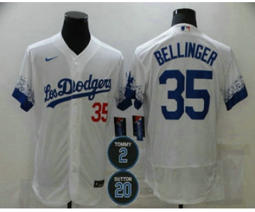 Men's Los Angeles Dodgers #35 Cody Bellinger White #2 #20 Patch City Connect Flex Base Stitched Jersey