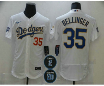 Men's Los Angeles Dodgers #35 Cody Bellinger White Gold #2 #20 Patch Stitched MLB Flex Base Nike Jersey