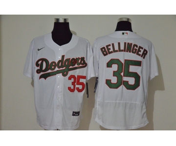 Men's Los Angeles Dodgers #35 Cody Bellinger White With Green Name Stitched MLB Flex Base Nike Jersey