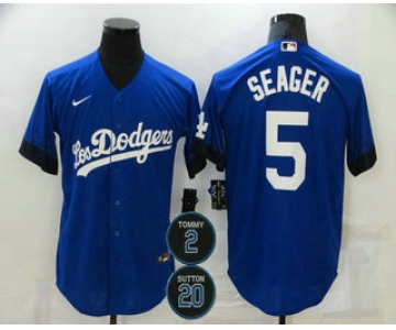 Men's Los Angeles Dodgers #5 Corey Seager Blue #2 #20 Patch City Connect Cool Base Stitched Jersey