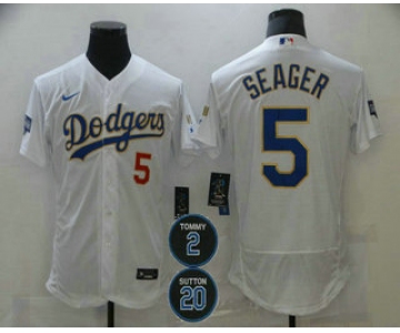 Men's Los Angeles Dodgers #5 Corey Seager White #2 #20 Patch Flex Base Sttiched MLB Jersey