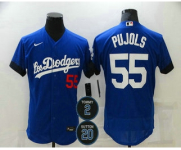 Men's Los Angeles Dodgers #55 Albert Pujols Blue #2 #20 Patch City Connect Flex Base Stitched Jersey