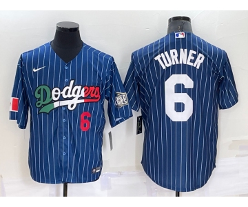 Men's Los Angeles Dodgers #6 Trea Turner Number Navy Blue Pinstripe 2020 World Series Cool Base Nike Jersey