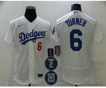 Men's Los Angeles Dodgers #6 Trea Turner White #2 #20 Patch Stitched MLB Flex Base Nike Jersey