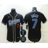 Men's Los Angeles Dodgers #7 Julio Urias Black Blue #2 #20 Patch Stitched MLB Flex Base Nike Jersey