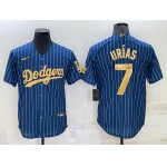 Men's Los Angeles Dodgers #7 Julio Urias Navy Blue Gold Pinstripe Stitched MLB Cool Base Nike Jersey