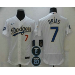 Men's Los Angeles Dodgers #7 Julio Urias White Gold #2 #20 Patch Stitched MLB Flex Base Nike Jersey