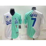 Mens Los Angeles Dodgers #7 Julio Urias White Green Number 2022 Celebrity Softball Game Cool Base Jersey