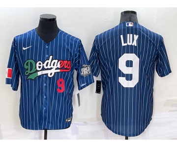 Men's Los Angeles Dodgers #9 Gavin Lux Number Navy Blue Pinstripe 2020 World Series Cool Base Nike Jersey