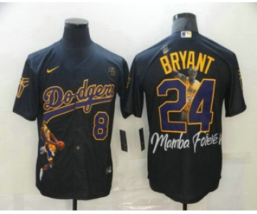 Men's Los Angeles Dodgers Front #8 Back #24 Kobe Bryant Black With KB Patch Cool Base Stitched MLB Fashion Jersey
