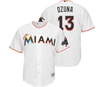 Men's Miami Marlins #13 Marchell Ozuna White Home 2017 All-Star Patch Stitched MLB Majestic Cool Base Jersey