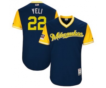 Men's Milwaukee Brewers 22 Christian Yelich Yeli Majestic Navy 2018 Players' Weekend Authentic Jersey
