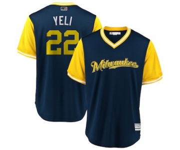Men's Milwaukee Brewers 22 Christian Yelich Yeli Majestic Navy 2018 Players' Weekend Cool Base Jersey