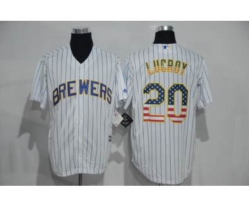 Men's Milwaukee Brewers #20 Jonathan Lucroy White Pinstripe USA Flag Fashion MLB Baseball Jersey
