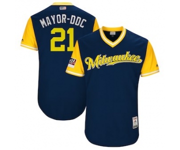 Men's Milwaukee Brewers 21 Travis Shaw Mayor-DDC Majestic Navy 2018 Players' Weekend Authentic Jersey