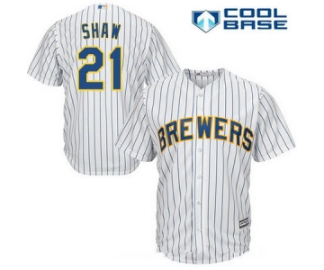 Men's Milwaukee Brewers #21 Travis Shaw White Pinstripe Home Stitched MLB Majestic Cool Base Jersey