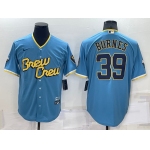Men's Milwaukee Brewers #39 Corbin Burnes Blue 2022 City Connect Cool Base Stitched Jersey