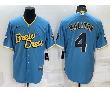 Men's Milwaukee Brewers #4 Paul Molitor Blue 2022 City Connect Cool Base Stitched Jersey