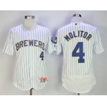 Men's Milwaukee Brewers #4 Paul Molitor Retired White Pinstripe Stitched MLB Majestic Flex Base Jersey