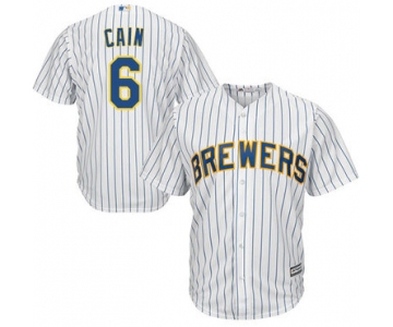 Men's Milwaukee Brewers #6 Lorenzo Cain White Strip Cool Base Stitched MLB Jersey