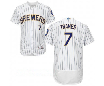 Men's Milwaukee Brewers #7 Eric Thames White Pinstripe Home Stitched MLB Majestic Flex Base Jersey