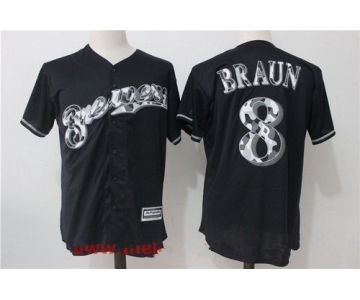Men's Milwaukee Brewers #8 Ryan Braun Black Team Logo Ornamented Stitched MLB Majestic Cool Base Jersey