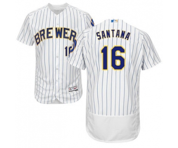 Milwaukee Brewers #16 Domingo Santana White Strip Flexbase Authentic Collection Stitched Baseball Jersey