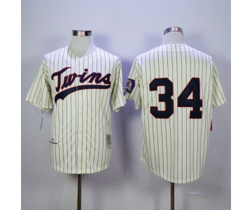 Men's Minnesota Twins #34 Kirby Puckett Retired 1969 Cream Pinstirpe Mitchell & Ness Throwback Jersey