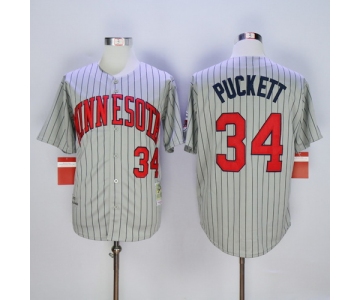 Men's Minnesota Twins #34 Kirby Puckett Retired 1987 Gray Pinstirpe Mitchell & Ness Throwback Jersey
