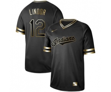 Indians #12 Francisco Lindor Black Gold Authentic Stitched Baseball Jersey