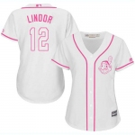 Indians #12 Francisco Lindor White Pink Fashion Women's Stitched Baseball Jersey