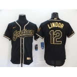 Men's Cleveland Indians #12 Francisco Lindor Black With Gold Stitched MLB Flex Base Nike Jersey