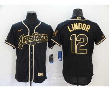 Men's Cleveland Indians #12 Francisco Lindor Black With Gold Stitched MLB Flex Base Nike Jersey