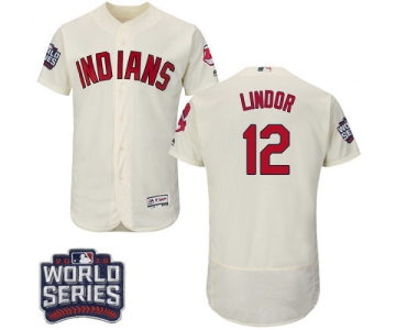 Men's Cleveland Indians #12 Francisco Lindor Cream 2016 World Series Patch Stitched MLB Majestic Flex Base Jersey