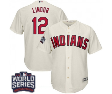 Men's Cleveland Indians #12 Francisco Lindor Cream Alternate 2016 World Series Patch Stitched MLB Majestic Cool Base Jersey