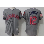 Men's Cleveland Indians #12 Francisco Lindor Gray 2017 Stars & Stripes Stitched MLB Majestic Flex Base Jersey