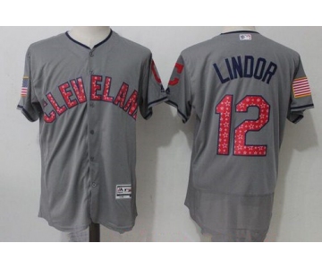 Men's Cleveland Indians #12 Francisco Lindor Gray 2017 Stars & Stripes Stitched MLB Majestic Flex Base Jersey