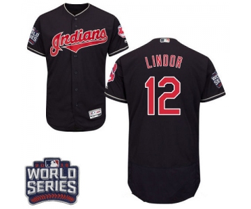 Men's Cleveland Indians #12 Francisco Lindor Navy Blue 2016 World Series Patch Stitched MLB Majestic Flex Base Jersey