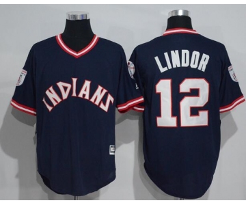 Men's Cleveland Indians #12 Francisco Lindor Navy Blue Pullover Majestic 1976 Turn Back the Clock Jersey